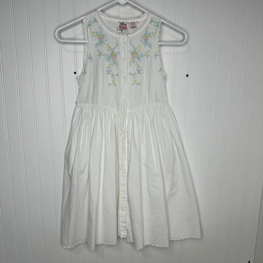 Vtg Radishes &‎ Roses Dress White Cotton Embroidered Pockets Cottagecore Girls 8